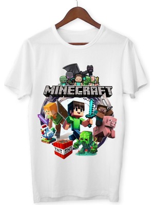 Mınecraft Çocuk Yetişkin Beyaz T-Shirt Unisex Çocuk Tişört