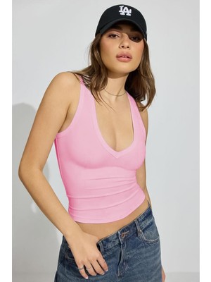 Pembe Derin V Yaka %100 Pamuklu Basic Kadın Atlet MG2405