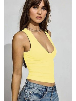 Sarı Derin V Yaka %100 Pamuklu Basic Kadın Atlet MG2405