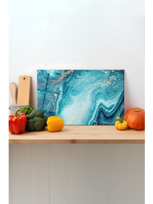 Mavi Mermer Desen Cam Kesme Tahtası, Silikon Ayaklı Sunum Kesim Doğrama Tablası, Temperli ve Rodajlı