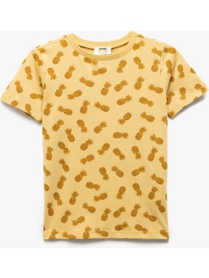 Pamuklu Ananas Baskılı Bisiklet Yaka Kısa Kollu Tişört