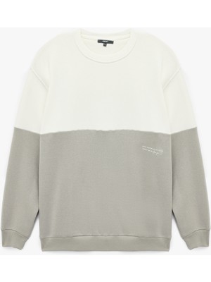 Oversize Uzun Kollu Renk Bloklu Baskı Detaylı Bisiklet Yaka Sweatshirt