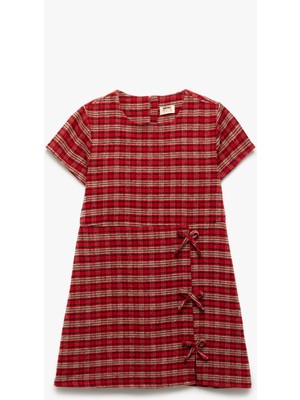 Fiyonk Detaylı Kısa Kollu Bisiklet Yaka Ekoseli Elbise