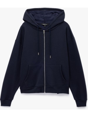 Fermuarlı Kapüşonlu Kanguru Cepli Uzun Kollu Şardonlu Oversize Spor Sweatshirt