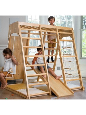 Montessori 3'lü Oyun Parkuru | Salıncak | Kaydırak | Monkeys Bar | Halat Merdiven | Ip Tırmanma