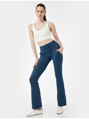 Yüksek Bel Cep Detaylı Interlok Ispanyol Paça Spor Tayt