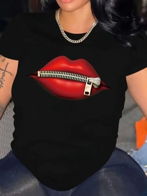 Aisha Elbise Baskılı Oversize Bisiklet Yaka T-Shirt - Siyah