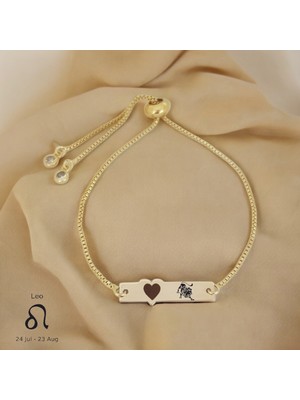 Altın Plakalı 14 Ayar Aslan Burçlarına Özel Kalp Motifli Zincirli Hediye BILEKLIK-432BURÇ