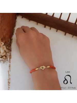 14 Ayar Plakalı Altın Aslan Burçlarına Özel Kalp Figürlü Turuncu Derili Hediye BILEKLIK-434BURÇ