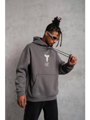 Erkek Baskılı Kapüşonlu Sweat - Gri