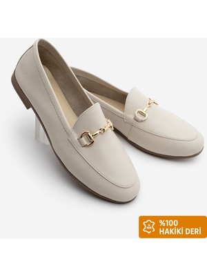 Marjin Kadın Hakiki Deri Zincirli Loafer Günlük Ayakkabı Tanle Bej