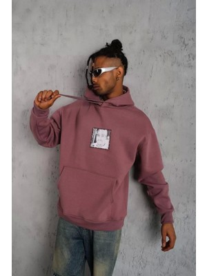 Erkek Ön Arka Baskılı Kapşonlu Sweat - Gül Kurusu