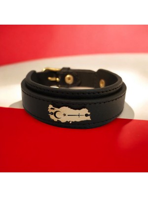 14 Ayar Altın Plakalı Kılıç Temalı Siyah Derili Türkiye Haritalı Hediye BILEKLIK-440SEMBOL