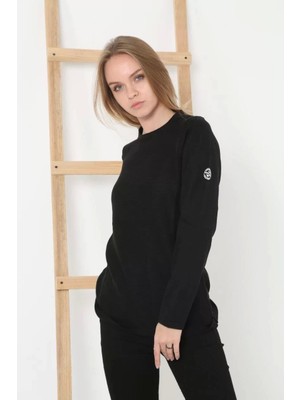 Kadın Biskilet Yaka Kolu Armalı - Siyah