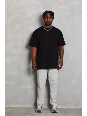Unisex Oversize Düz Bisiklet Yaka T-Shirt - Siyah