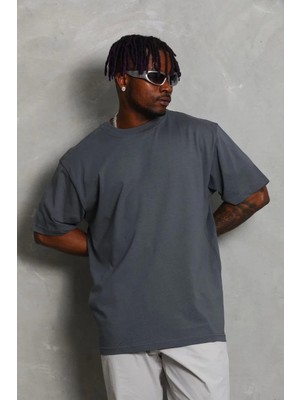 Unisex Oversize Düz Bisiklet Yaka T-Shirt - Füme