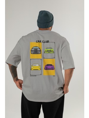 Car Club Arka Baskılı Oversize T-Shirt Erkek Kadın %100 Pamuk Bisiklet Yaka Tişort