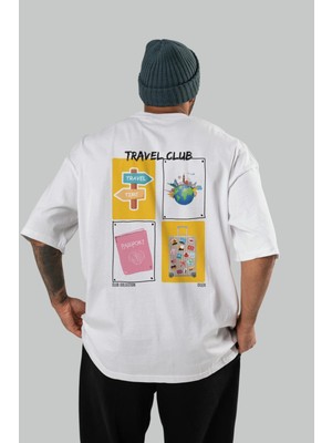Travel Club Arka Baskılı Oversize T-Shirt Erkek Kadın %100 Pamuk Bisiklet Yaka Tişort