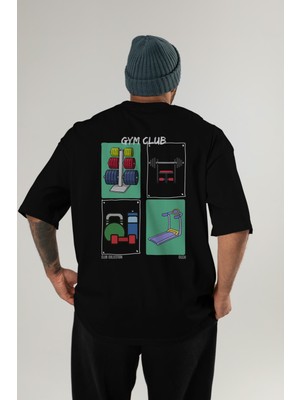 Gym Club Arka Baskılı Oversize T-Shirt Erkek Kadın %100 Pamuk Bisiklet Yaka Tişort