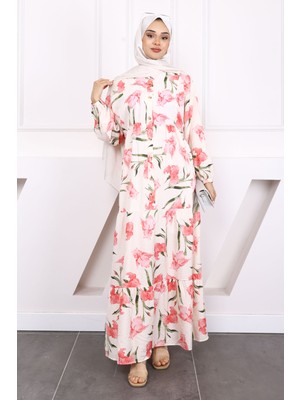 Pembe Yarım Düğmeli Eteği Katlı Desenli Elbise