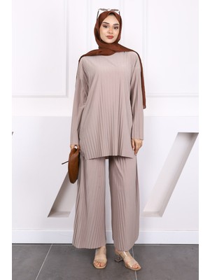 Açık Vizon Piliseli Sandy Tunik Pantolon Takım