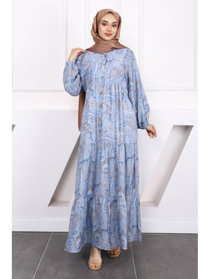 Indigo Yarım Düğmeli Eteği Katlı Desenli Elbise