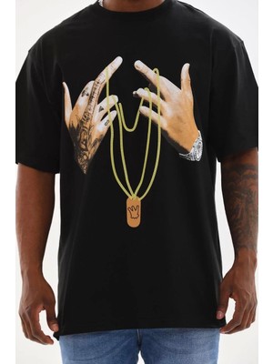 Unisex Baskılı Oversize T-Shirt - Siyah