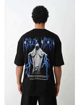 Unisex Baskılı Oversize T-Shirt - Siyah