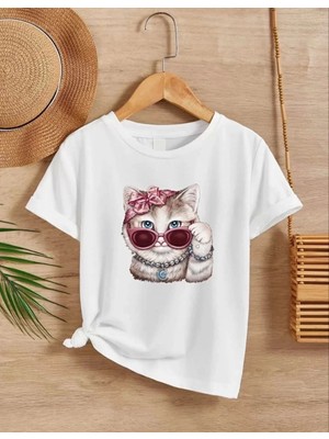 Kız Çocuk Bisiklet Yaka Baskılı T-Shirt - Beyaz