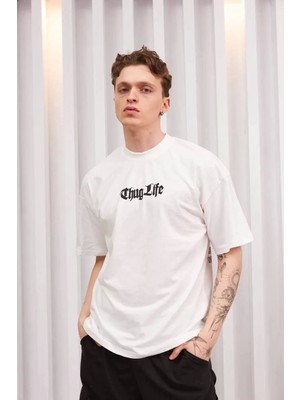 Unisex Bisiklet Yaka Baskılı Oversize T-Shirt - Beyaz