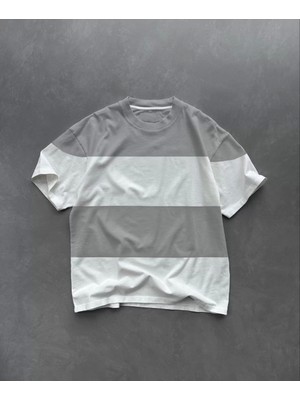 Unisex Bisiklet Yaka Parçalı T-Shirt - Gri