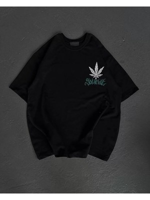 Unisex Bisiklet Yaka Baskılı Oversize T-Shirt - Siyah