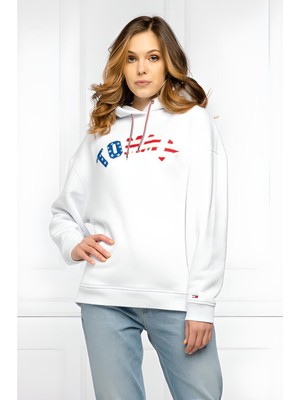 Tommy Hilfiger Kapüşonlu Sweatshirt Regular Fit Kadın 2021 Sonbahar - Kış Desenli Rahat Kesim