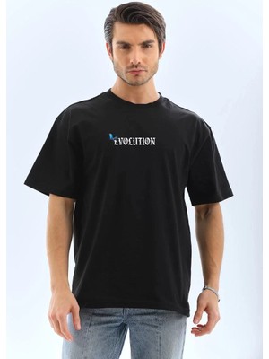 Unisex Bisiklet Yaka Baskılı Oversize T-Shirt - Siyah