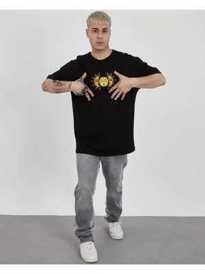 Unisex Bisiklet Yaka Baskılı Oversize T-Shirt - Siyah