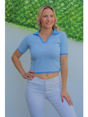 Polo Yaka Çizgili Tişört Mavi - 140.055