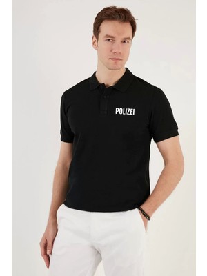 Yakası Düğmeli Yakalı Pike Baskılı T-Shirt - Siyah