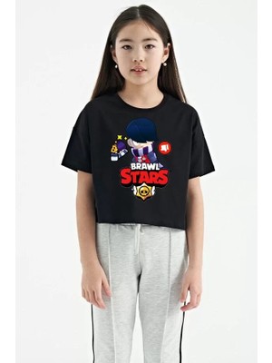 Unisex Bisiklet Yaka Kısa Kol Baskılı Çocuk T-Shirt - Siyah