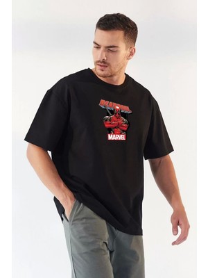 Unisex Bisiklet Yaka Baskılı Oversize T-Shirt - Siyah