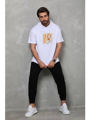 Unisex Kapşonlu Kısa Kol Oversize Baskılı T-Shirt - Beyaz