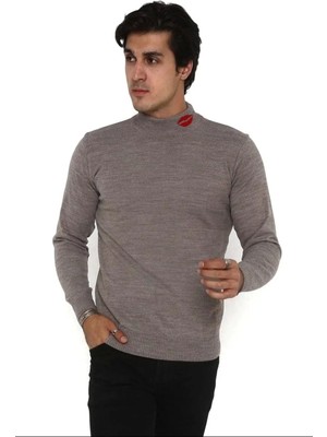 Unisex Yarım Boğazlı Baskılı Dokuma Triko - Vizon