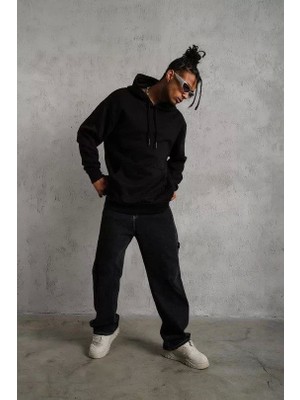 3 Iplik Kapşonlu Sweatshirt Hoodie - Siyah