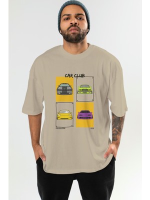 Car Club Ön Baskılı Oversize T-Shirt Erkek Kadın %100 Pamuk Bisiklet Yaka Tişort