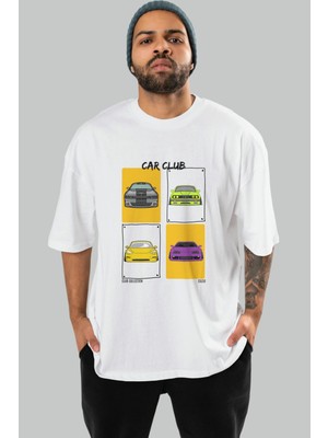 Car Club Ön Baskılı Oversize T-Shirt Erkek Kadın %100 Pamuk Bisiklet Yaka Tişort