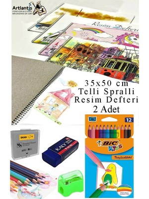 12 Renk Bic Kuru Boya 35X50 cm Telli Spralli Resim Defteri Hamur Silgi Kalemtraş 15 Yaprak Resim Defteri Kuruboya Kalem