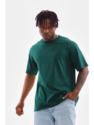 Unisex Oversize Düz Bisiklet Yaka T-Shirt - Koyu Yeşili