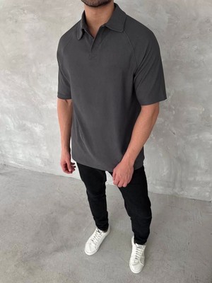 Yakalı Patlı Kısa Kol T-Shirt - Antrasit