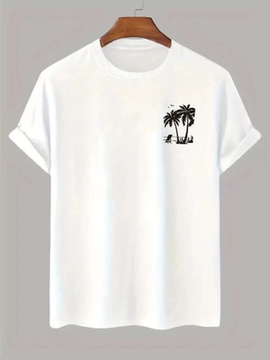 20/1 Penye Compack Palmiye Baskılı Oversize Bisiklet Yaka Kısa Kol T-Shirt - Beyaz