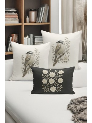 Bertille Home Çift Tarafı Dijital Baskılı  3'lü Kırlent Kılıfı Seti (Panç /punch Nakış Desen Görünümlü)
