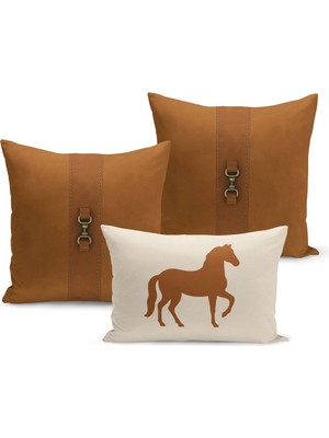 Bertille Home Klasik At Serisi Çift Tarafı Dijital Baskılı  3'lü Kırlent Kılıfı Seti (Horse)
